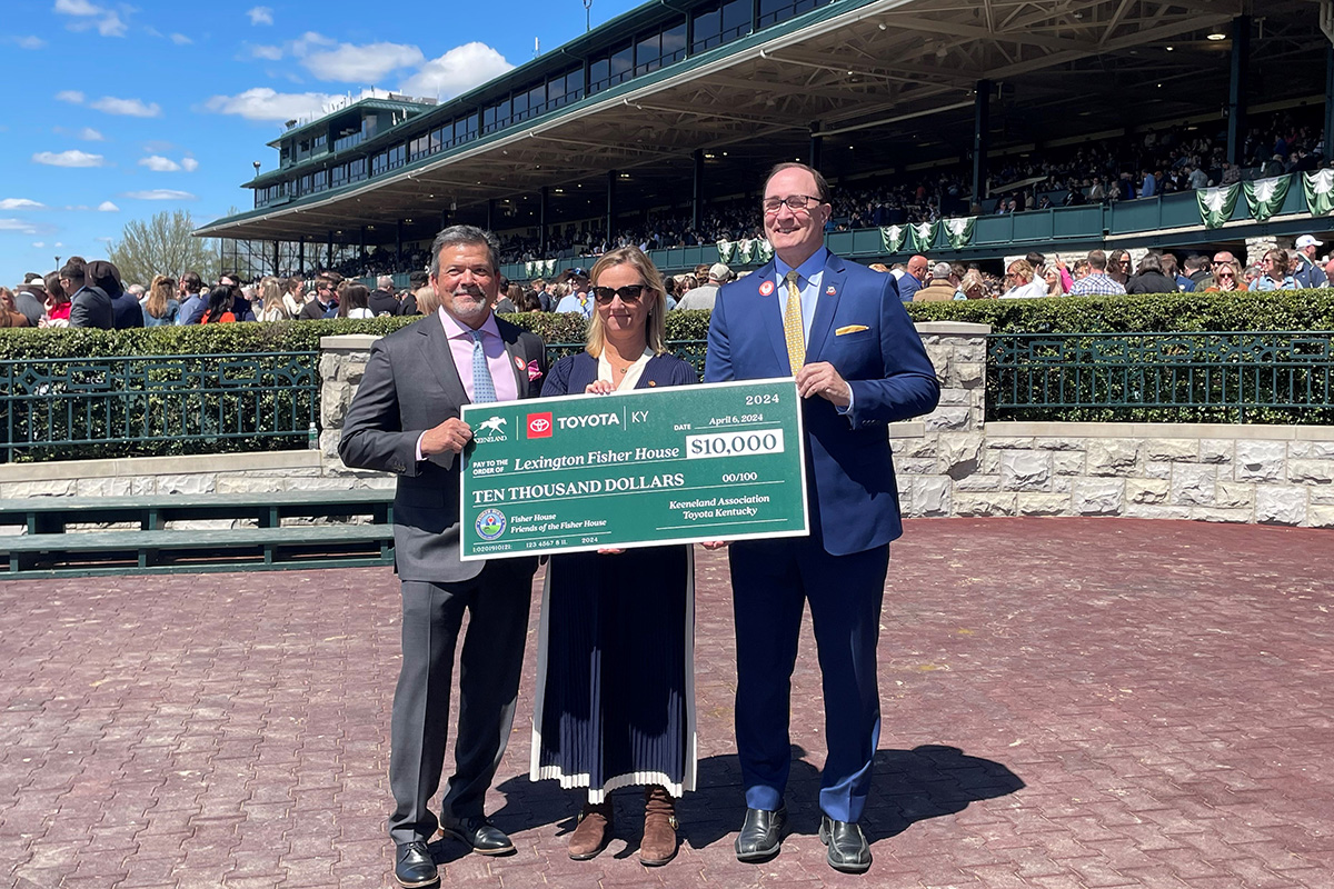 Pictured L-R: Kerry Creech, TMMK President, Shannon Arvin, Keeneland President and CEO, and Tom Kenny, President of the Friends of Lexington Fisher House